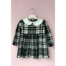 Bertuğ Bebek Ekoseli Oduncu Kumaş Kız Çocuk Bebek Siyah Beyaz Bebe Yaka Dantelli Elbise