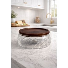 Borosilikat Cam Lüks Akasya Kapaklı Cam Kase - Sunumluk-Salata Kasesi Dalgalı  22 cm