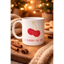 Youday Accessories Model 26 – I Cherry-Ish You Yazılı Sevimli Kiraz Tasarımlı Porselen Kupa - Aşk Dolu Hediye Fi