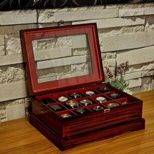 Tekir Store Ahşap 15 Bölmeli Saat Kutusu Dekoratif Kırmızı Eskitme Vip Saat Aksesuar Saklama Kutusu Organizer