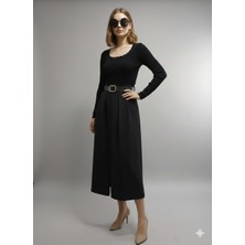 Gizelia Siyah Pilili Zarif Ön Orta Yırtmaçlı Klasik Maxi Boy Şık Kalın Deri Kemerli Etek