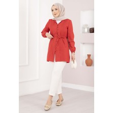 Asm Nervür Detaylı Bağcıklı Gömlek Kırmızı