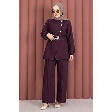 Md Tasarım Gold Düğmeli Kemerli İkili Takım Bordo