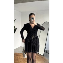 Asfa Moda Kadın Siyah Dantel Mini Elbise Kruvaze Yaka Kemerli Uzun Kollu Abiye