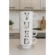 Myworldorganization Kişiye Özel Isim ve Harf Desenli , Metal Standlı Kahve Fincanı Seti -Isim, Harf ve Desenli 4'lü Kahve Fincanı Seti