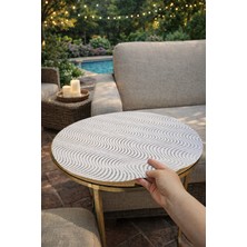 Yuvarlak Krem Bej Paralel Çizgili Dantelli Çeyizlik Orta Sehpa Örtüsü Şeffaf Pvc Masa Örtüsü