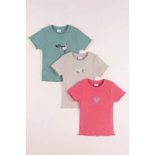 Monox 5-12 Yaş Kız Çocuk 3\'lü Nakışlı Fitilli Tshirt Likralı Esnek Yazlık Body Set