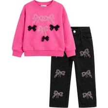 Jeliboom 🎀 Kız Çocuk Taşlı Fiyonklu Sweatshirt & Pantolon Takım 🎀