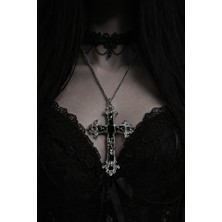 Herşey Nota Siyah Taş Detaylı Haç Kolye – Antik Gümüş Ton Zincirli Unisex Model