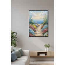 Safir Design Pastel Tonlarda Deniz Manzaralı ve Çiçekli Yol Illüstrasyonu Çerçeveli Tablo