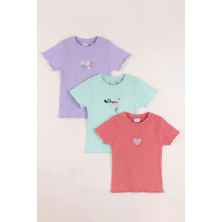 Monox 5-12 Yaş Kız Çocuk 3\'lü Nakışlı Fitilli Tshirt Likralı Esnek Yazlık Body Set