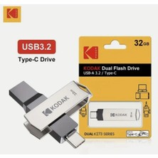 Kodak 32Gb.Type-C ve Usb 3.2 Type-C Girişli Tüm Cihazlara ve Iphone 15/16/17 Serisine Uygun ve Yüksek Hızlı Usb Otg Flash Bellek Çift Giriş Metal Sağlam Orjinal
