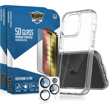 Buff Labs Buff iPhone 15 Pro Avantaj Paket - 2X5D Ekran Koruyucu + Şeffaf Kılıf + Lens Koruyucu Glass