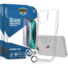 Buff Labs Buff iPhone 15 Plus Avantaj Paket - 2X5D Ekran Koruyucu + Şeffaf Kılıf + Lens Koruyucu Glass