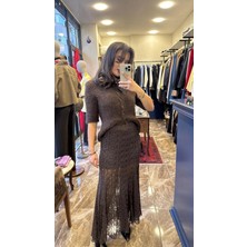 Içi Astarlı Beli Lastikli Dantel Etek - Kahverengi