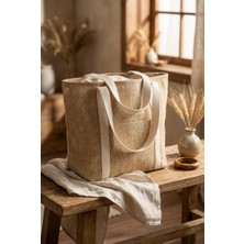 YUNUSOĞLU HOME Doğal Hasır Dokulu Omuz Çantası Geniş Hacimli Günlük ve Plaj Çantası Bej 36 x 30 cm