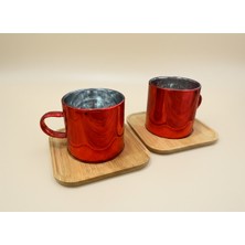 Airobazar Kırmızı 2’li Borosilikat Fincan Seti Kare Bambu Altlıklı – Isıya Dayanıklı Kahve ve Çay Fincanı