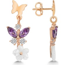 DMR Elegance Gümüş Rose Mor Taşlı Sedef Çiçek Çivili Kadın Küpe