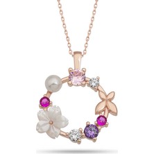 DMR Elegance Gümüş Rose Manolya Çiçeği Kelebek Kadın Kolye
