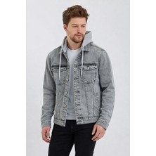 Damga Erkek Denim Günlük Kapşonlu Gri Kot Ceket