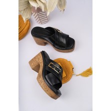 Sy Leather Tilda Model Hakiki Deri Çapraz Bant Toka Detaylı Platform Kalın Topuklu Kadın Terlik