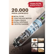 Teknoloji Gelsin Araç Süpürgesi Şarjlı 120W 20.000PA Göstergeli Yeni Nesil Metal Filtre Extra Vakum ve Üfleme 9başlık