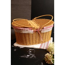 Ciyu Ticaret Kapaklı Hasır Piknik Sepeti Ekose Kumaş ve Dantelli Iç Tasarım Nostaljik Piknik Sepeti