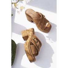 Sy Leather Tilda Model Hakiki Deri Çapraz Bant Toka Detaylı Platform Kalın Topuklu Kadın Terlik