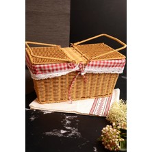 Ciyu Ticaret Piknik Sepeti Kare Model Ekose Kumaşlı Dantelli Iç Tasarımlı Nostaljik Piknik Sepeti