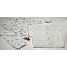 vitvit 1-2 Yaş El Örgüsü Beyaz Yelek, Pijama Takımı ve 2 Adet El Işi Toka