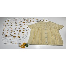 vitvit 2 Yaş El Örgüsü Sarı Yelek, Zıbın ve 2 Adet El Işi Tasarım Toka