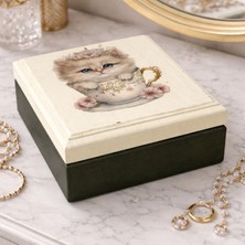 Uretti - Hülya 6683 1758 El Yapımı Nostaljik Retro Kedi Baskılı Kare Ahşap Dekoratif Saklama / Takı Kutusu