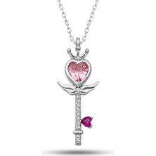 DMR Elegance Gümüş Pembe Kalp Taç Anahtar Kadın Kolye