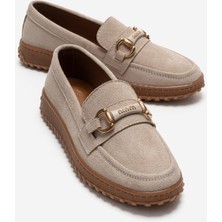 Ccway Kaydırmaz Kadın Tokalı Loafer Ayakkabı BEJ SÜET