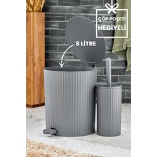 Feyza Design Şık 2 Parça Pedallı Banyo Seti, Çizgili Yuvarlak Çöp Kovası ve Wc Fırçası