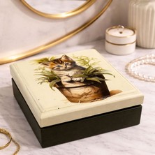 Uretti - Hülya 6683 8131 El Yapımı Nostaljik Retro Kedi Baskılı Kare Ahşap Dekoratif Saklama / Takı Kutusu