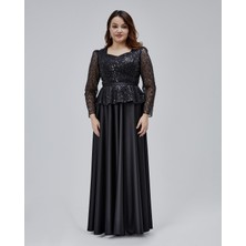 Asees Orta Beden Kalp Yaka Peplum Detaylı Uzun Abiye Elbise