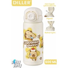 Vagonlife Dıller 600 ml Kapibara Desenli Tek Kapak Çift Kullanım Pipetli Pipetsiz Taşıma Kulplu Çelik Termos -DFF9361NEW600