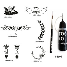 Airbrush Tattoo Melek Çiçek Likit Kalem Uçlu Geçici Dövme Seti Fırça Hediyeli