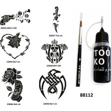 Airbrush Tattoo Savaş ve Çiçek Likit Kalem Uçlu Geçici Dövme Seti Fırça Hediyeli