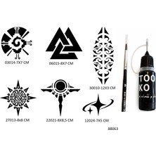 Airbrush Tattoo Aztek ve Maori 6 Adet Şablon Likit Kalem Uçlu Geçici Dövme Seti Fırça Hediyeli