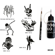 Airbrush Tattoo Rock ve Müzik Sembolleri Likit Kalem Uçlu Geçici Dövme Seti Fırça Hediyeli