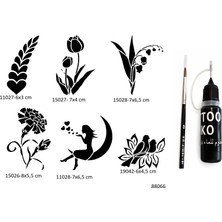 Airbrush Tattoo Çiçek Melek 6 Adet Şablon Likit Kalem Uçlu Geçici Dövme Seti Fırça Hediyeli
