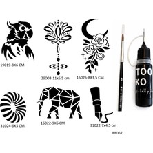 Airbrush Tattoo Sırt ve Kol 6 Adet Şablon Likit Kalem Uçlu Geçici Dövme Seti Fırça Hediyeli