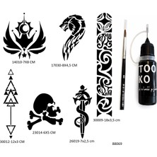 Airbrush Tattoo Kol Şerit 6 Adet Şablon Likit Kalem Uçlu Geçici Dövme Seti Fırça Hediyeli