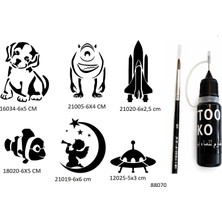 Airbrush Tattoo Çocuksu Desenler 6 Adet Şablon Likit Kalem Uçlu Geçici Dövme Seti Fırça Hediyeli