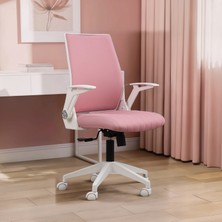 Alisa Beyaz Plastik Ayaklı Hareketli Kollu Çalışma Koltuğu (Pembe Lakos Kumaş)