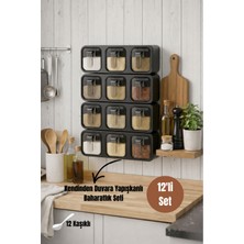 Dory 12'li  Kendinden Duvara Yapışkanlı Kaşıklı Baharatlık Takımı - Baharat Standı Siyah