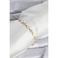 Hkursat Gold Renk Zirkon Taşlı Sıralı Yonca Model Asansörlü Kadın Bileklik