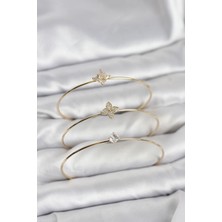 Hkursat Zirkon Taşlı Gold Renk Yonca Model 3'lü Kadın Bileklik Kombini